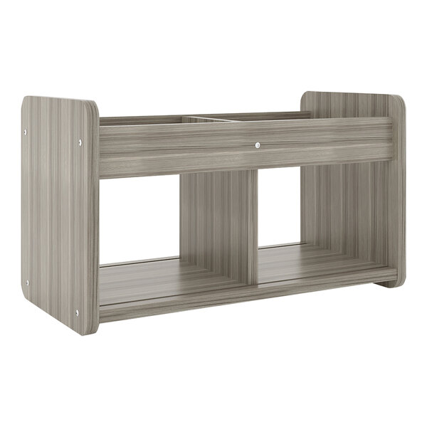A Tot Mate Shadow Elm laminate book/toy storage shelf with two shelves.