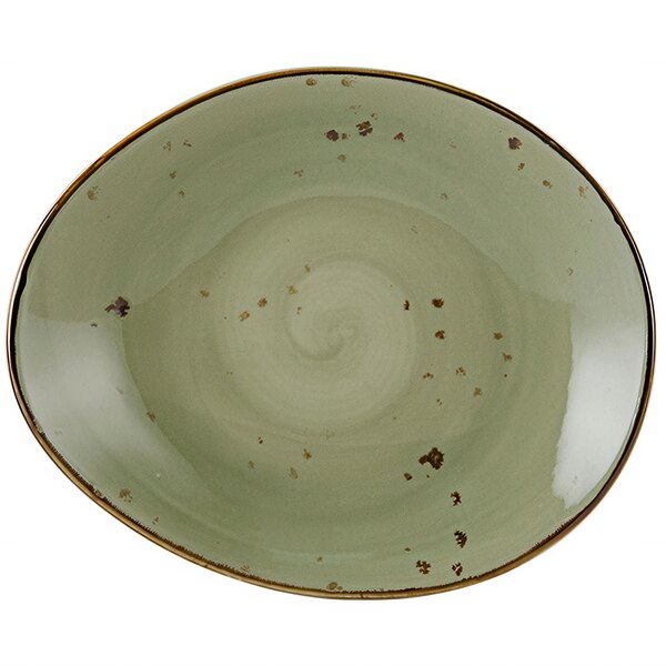 A white China plate with a green swirl pattern.