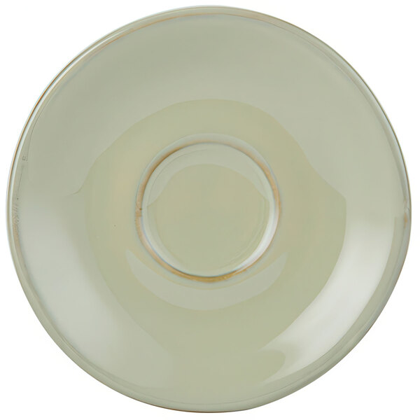 A white Tuxton china saucer with a rim and a circle in the middle.