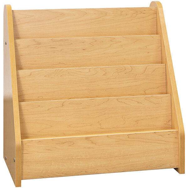 A wooden book display with four shelves.