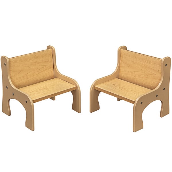 Two beige and maple laminate wooden activity chairs.