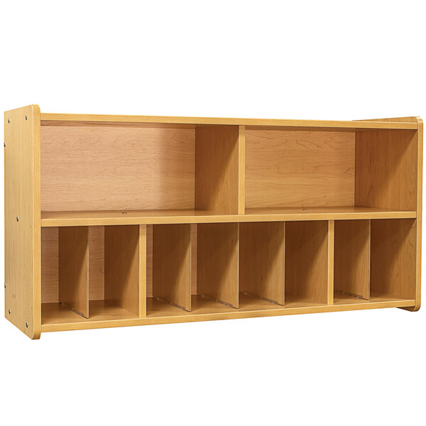 a wooden shelf with open shelves