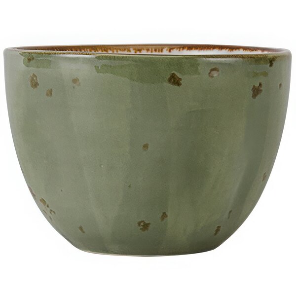 A green bouillon cup with brown specks on it.