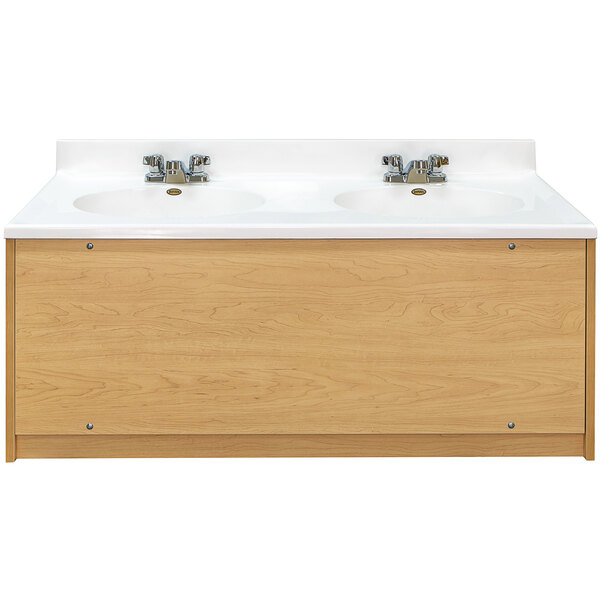 A maple wooden double floor vanity with two sinks.