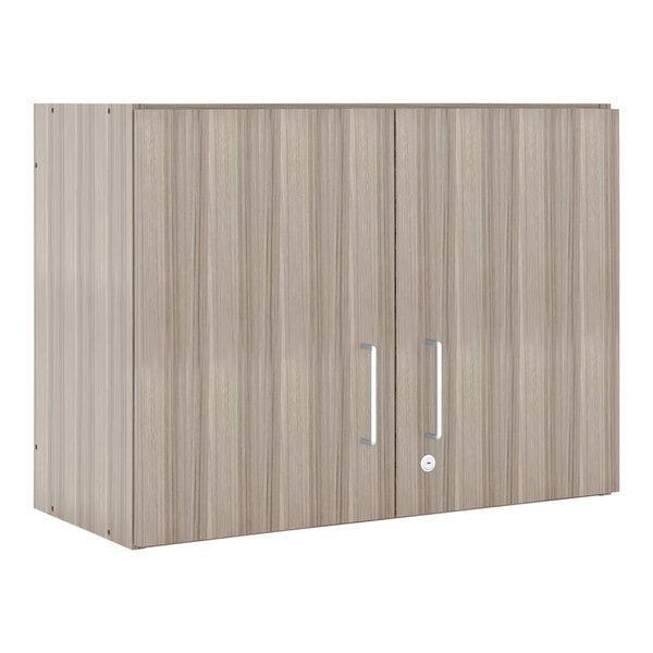 A Tot Mate Shadow Elm laminate wall cabinet with silver handles.