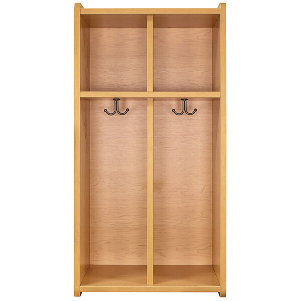 A maple laminate floor locker with two sections and hooks.