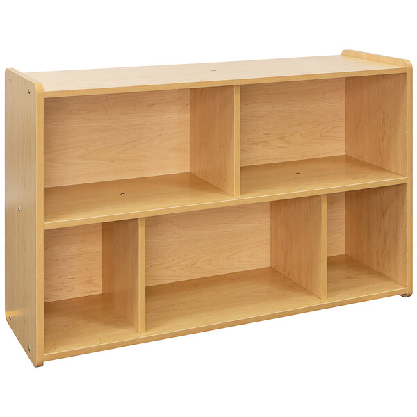 A wooden Tot Mate school compartment storage with shelves.