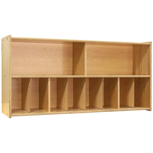 a wooden shelf with shelves