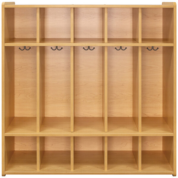 A maple laminate floor locker with 5 sections, each with a shelf and hook.