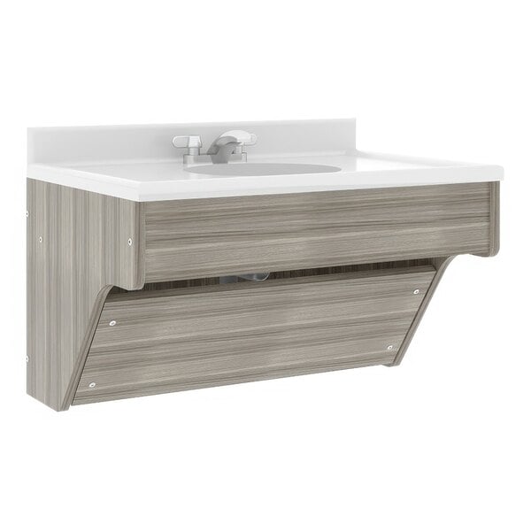 A Tot Mate Shadow Elm laminate wall vanity with a white sink and wood top.