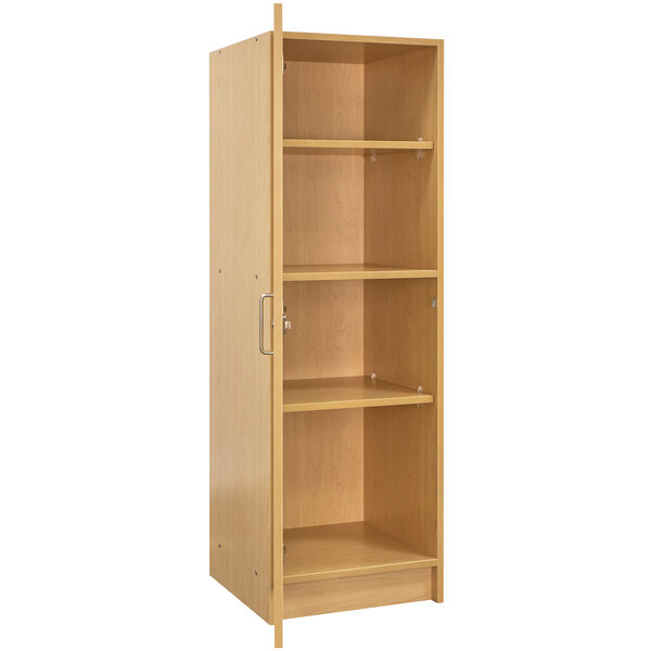 A maple wooden tall cabinet with shelves.