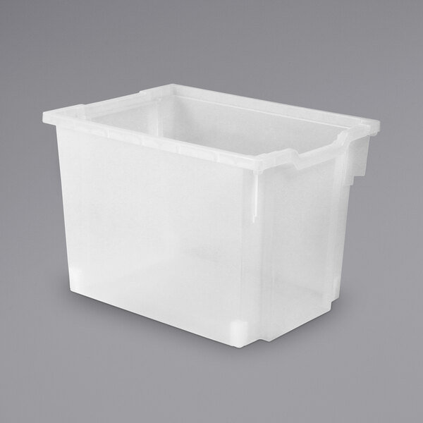 A white plastic container with a clear lid.