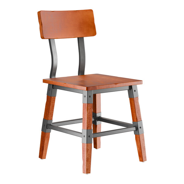 A wooden chair with a rustic mahogany finish, metal supports, and a live edge design.