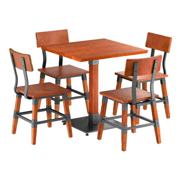 Lancaster Table & Seating Industrial 30" Square Rustic Mahogany Finish Solid Wood Live Edge Standard Height Table with 4 Chairs