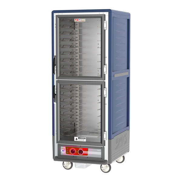 A blue Metro C5 heated holding cabinet with clear Dutch doors.