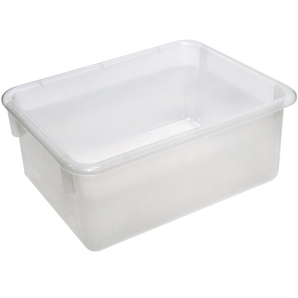 A translucent plastic container with a lid.