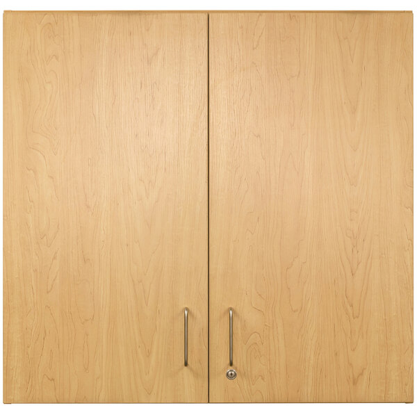 A pair of wooden wall cabinets with doors from Tot Mate.
