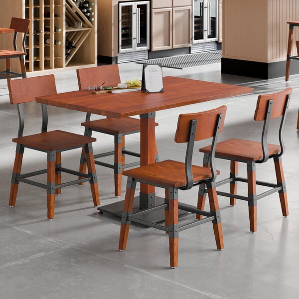 Lancaster Table & Seating Industrial 30" x 48" Rustic Mahogany Finish Solid Wood Live Edge Standard Height Table with 4 Chairs