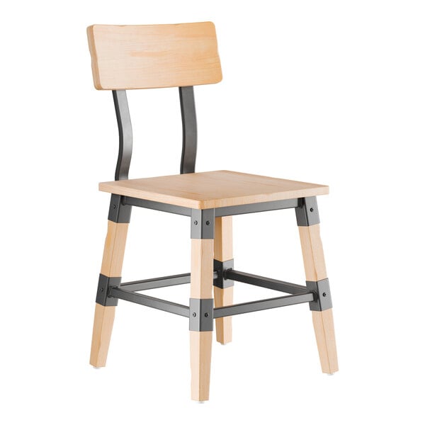 A wooden chair with a bleached oak finish, featuring a solid seat, backrest, and metal support accents.