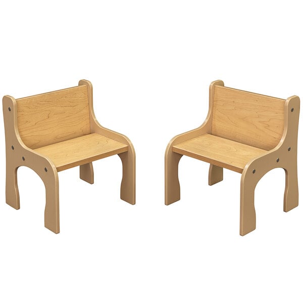 Two beige and maple wooden chairs with a backrest.