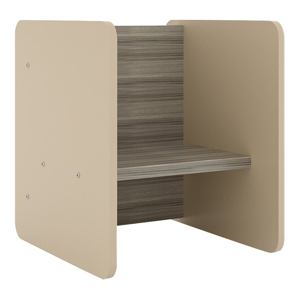 A rectangular wooden activity cube in shadow elm with two shelves.