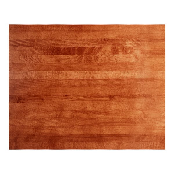 A rectangular solid wood table top with a rustic mahogany finish.