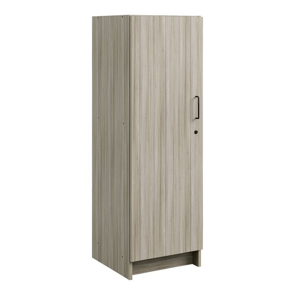 A shadow elm tall wooden cabinet with a black handle.