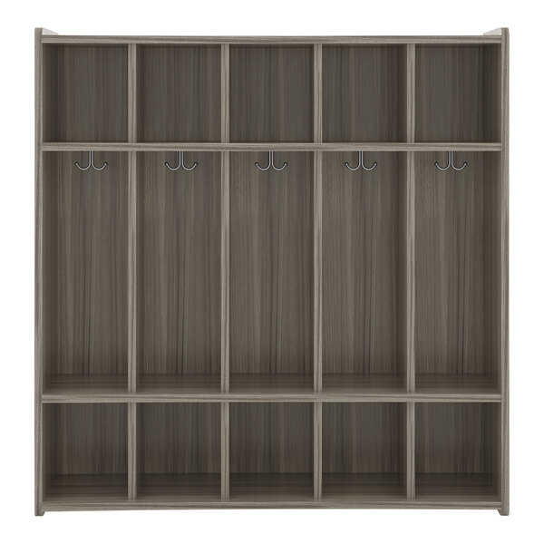 A Tot Mate Shadow Elm laminate preschool locker with five sections and hooks.