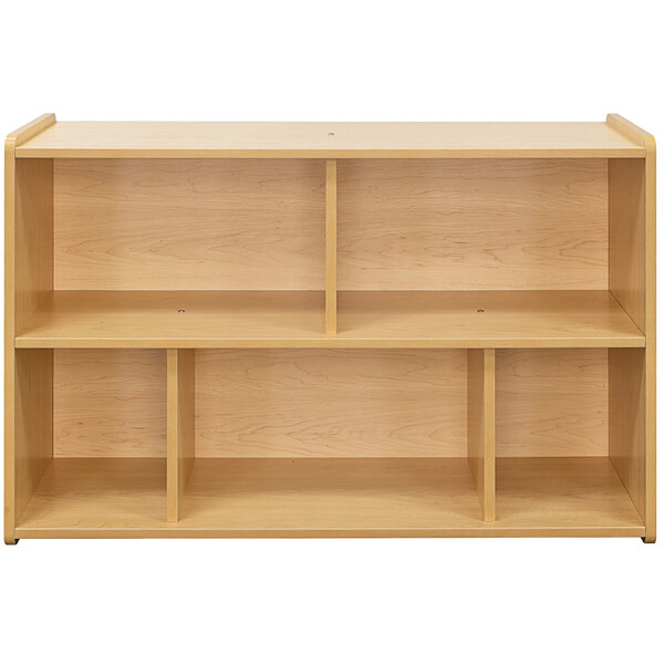 A wooden school compartment storage shelf with shelves.