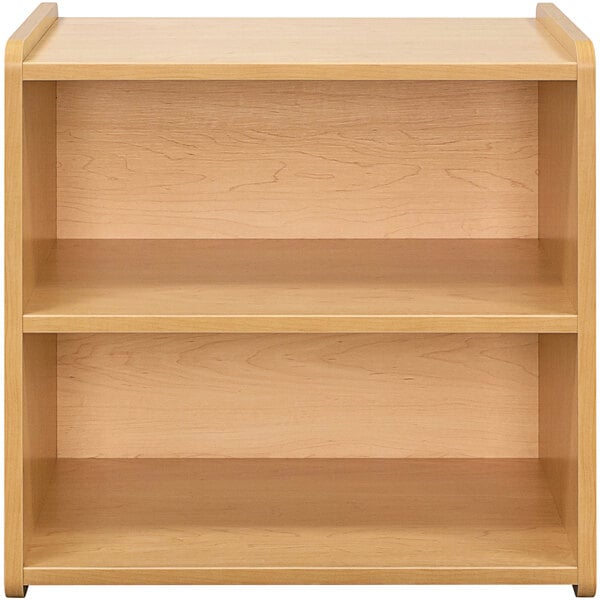 A Tot Mate maple laminate toddler storage shelf with two shelves.