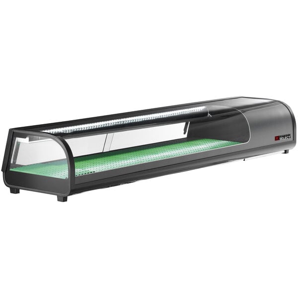 A black Emperor's Select countertop refrigerated sushi display case with green and glass sides and a green light.