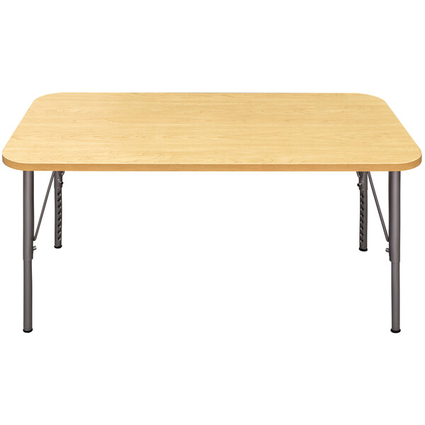 A Tot Mate rectangular maple laminate table with metal legs.