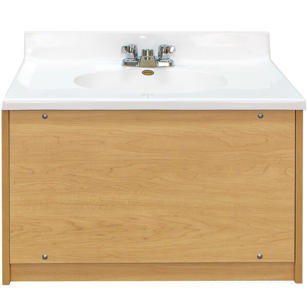 A maple laminate floor vanity with a white sink.
