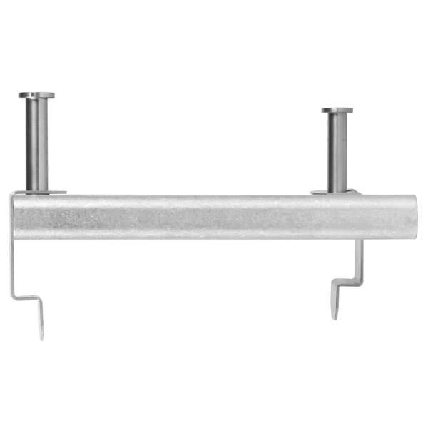 A close-up of a metal bar with two hooks on the ends.