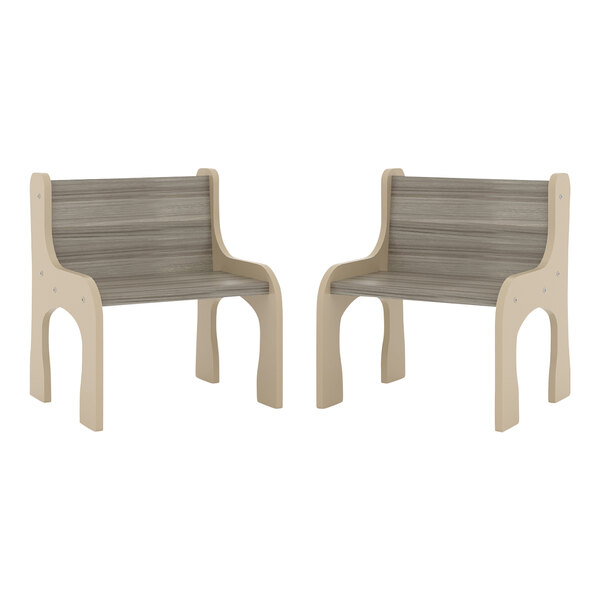 Two Tot Mate Shadow Elm laminate chairs with legs.