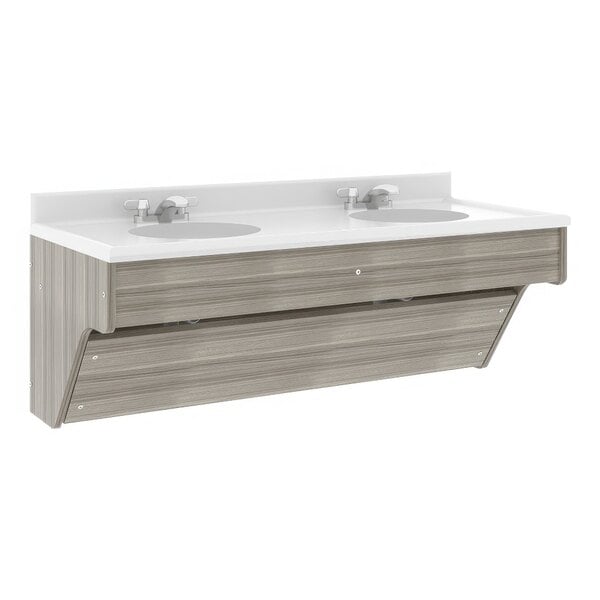 A Tot Mate Shadow Elm double bathroom vanity with two sinks.