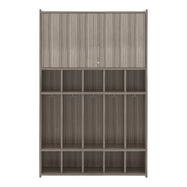 a wooden locker with hooks