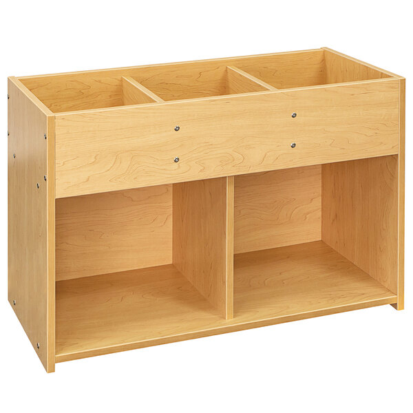 A Tot Mate maple laminate storage unit with two shelves and three compartments.