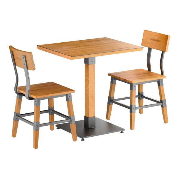 Lancaster Table & Seating Industrial 24" x 30" Honey Maple Finish Solid Wood Live Edge Standard Height Table with 2 Chairs