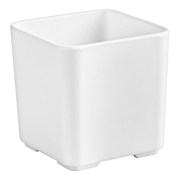 A white, square-shaped container with rounded edges and a smooth surface.