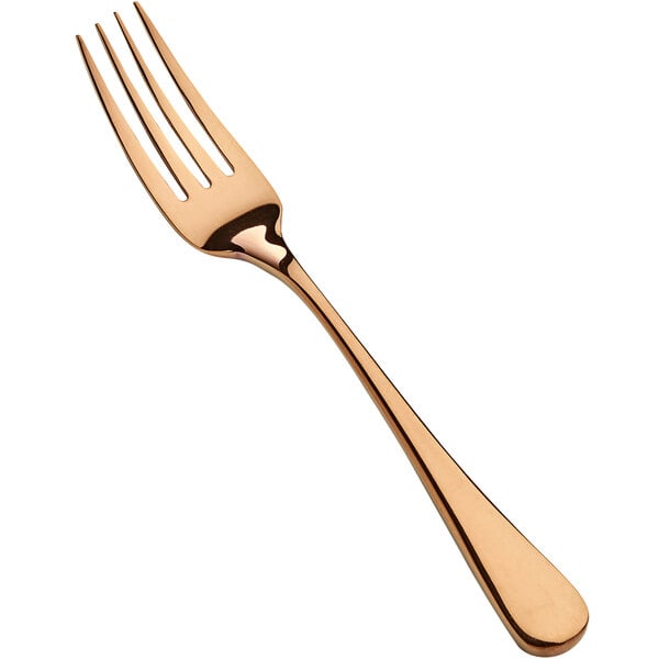 A close up of a Bon Chef rose gold salad/dessert fork.