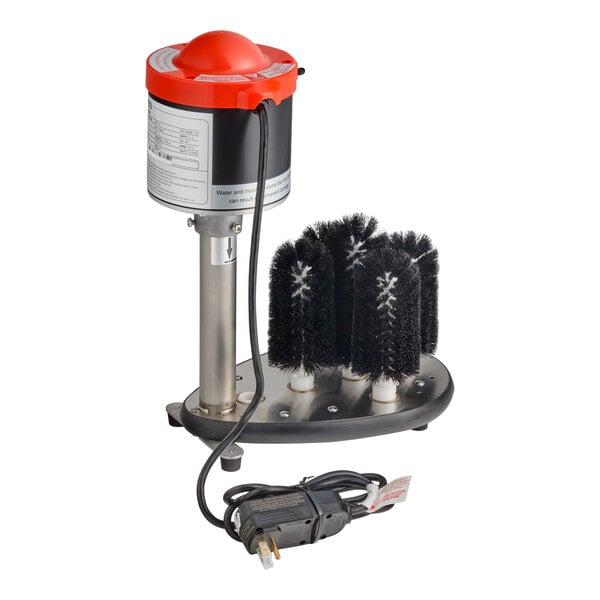 An upright electric glass washer with five brushes and a power cord.