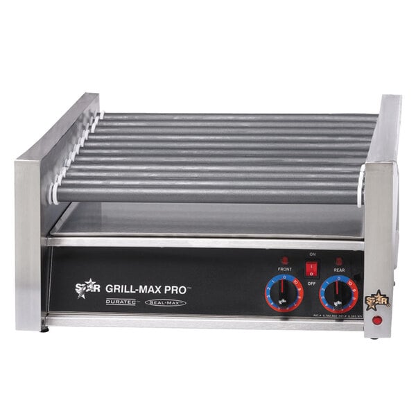 A Star Grill-Max Pro hot dog roller grill on a counter with knobs and a handle.