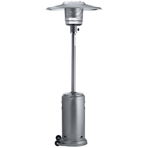 A grey and silver Crown Verity portable outdoor patio heater.