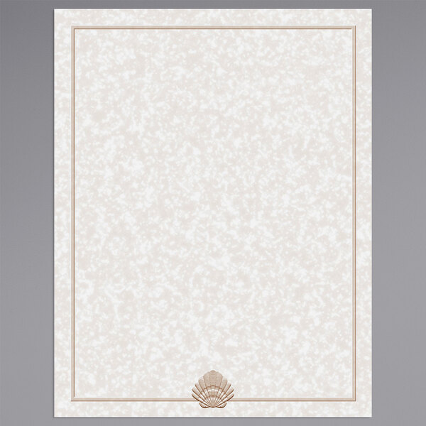 White menu paper with a tan shell border.