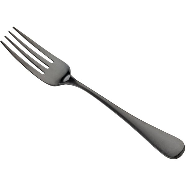 A close-up of a Bon Chef Como dinner fork with a matte black handle.