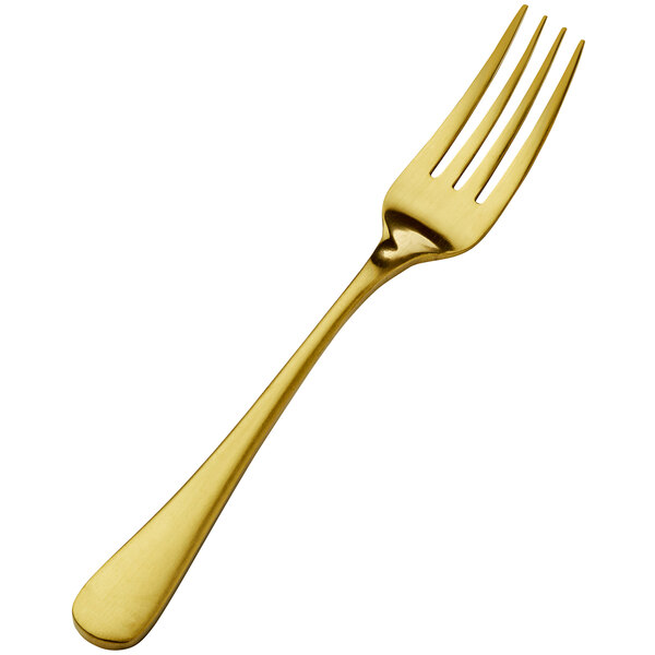 A Bon Chef Como salad/dessert fork with a matte gold handle.