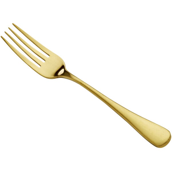 A Bon Chef stainless steel dinner fork with a matte gold handle.