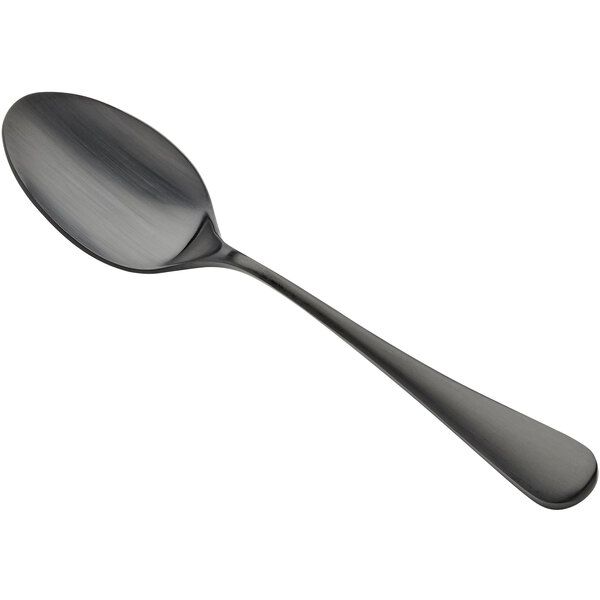 A Bon Chef stainless steel soup/dessert spoon with a matte black handle and silver spoon.