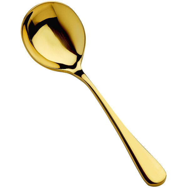 A Bon Chef gold bouillon spoon with a handle.